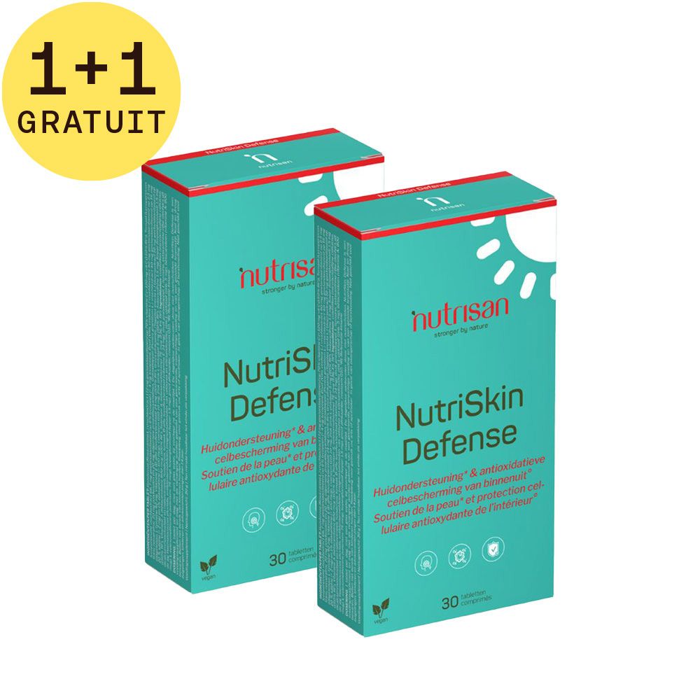 Deux boîtes Nutrisan NutriSkin Defense. Inscriptions : nom, désignation du produit, ingrédients, 30 comprimés. Design vert et blanc.