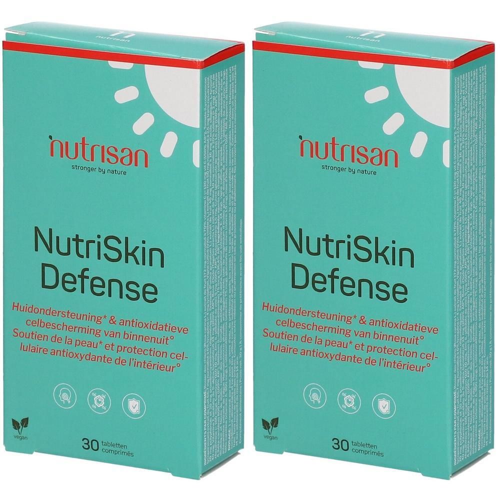 Deux boîtes Nutrisan NutriSkin Defense. Inscriptions : nom, désignation du produit, ingrédients, 30 comprimés. Design vert et blanc.
