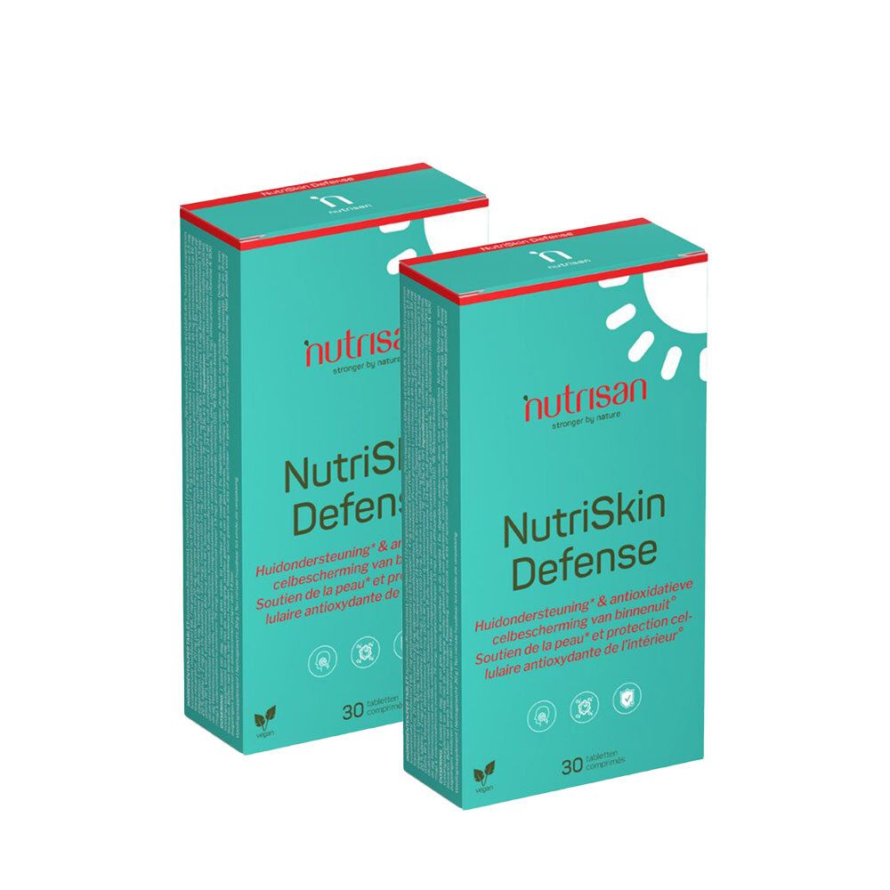 Deux boîtes Nutrisan NutriSkin Defense. Inscriptions : nom, désignation du produit, ingrédients, 30 comprimés. Design vert et blanc. Avec autocollant gratuit.