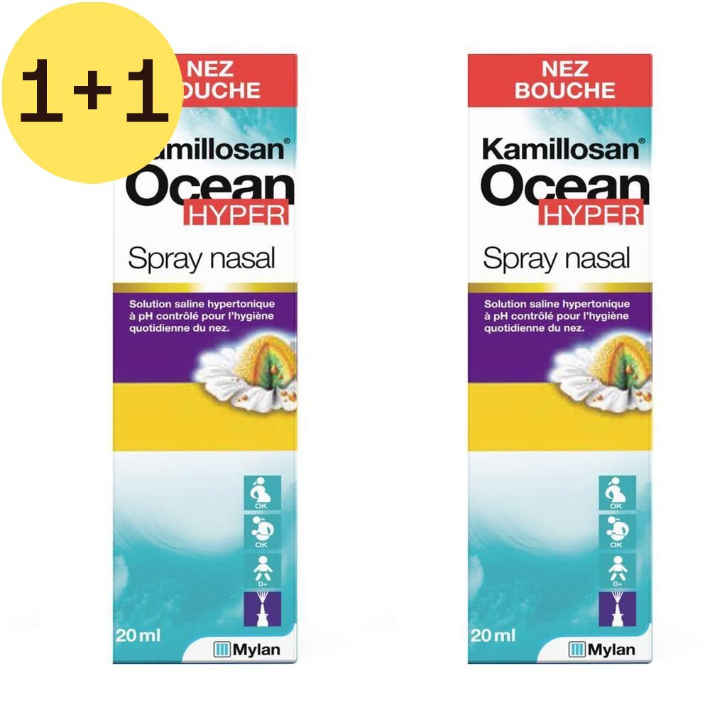 Deux boîtes de spray nasal. Inscription 1+1 GRATUIT. Emballage blanc et bleu avec nom du produit et camomille.