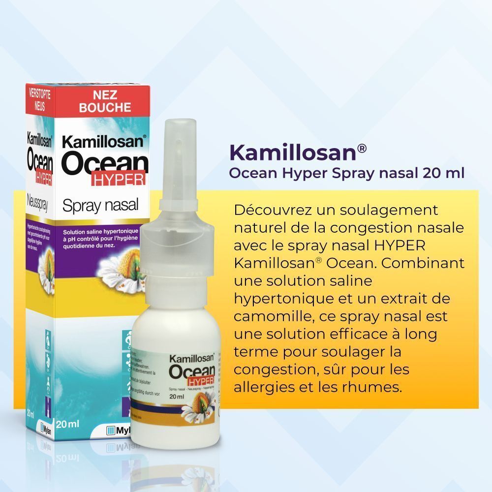 Flacon de spray nasal à côté de l'emballage. Texte: Kamillosan Ocean Hyper Spray nasal. Description du produit.