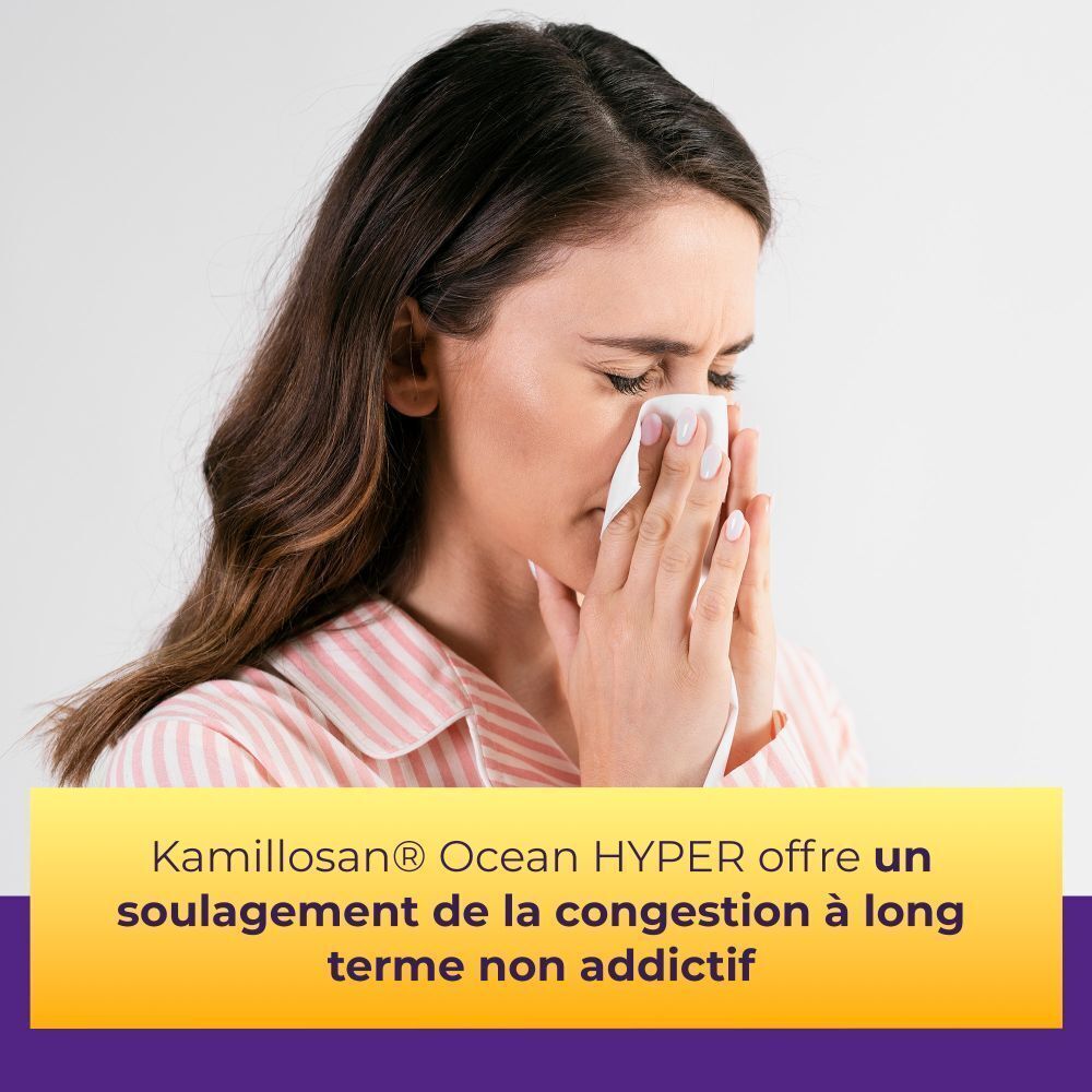 Femme avec un mouchoir. Texte: Kamillosan Ocean HYPER offre un soulagement de la congestion à long terme non addictif.