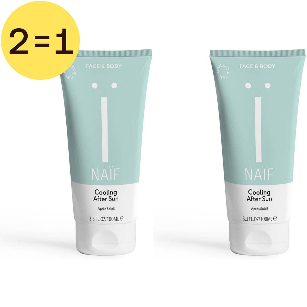Deux tubes Naïf Cooling After Sun. Tubes bleu clair avec texte blanc. En haut à gauche : autocollant 2=1.