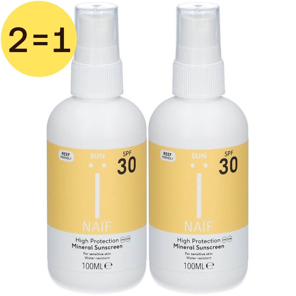 Deux flacons spray blancs avec étiquettes jaunes. Inscription : SPF 30, Naïf, Mineral Sunscreen. Label jaune 2=1.