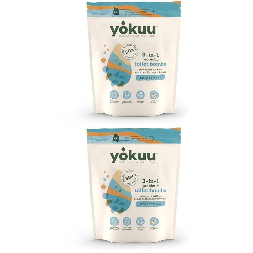 Deux paquets de nettoyant pour toilettes Yokuu. Emballage blanc avec illustration et texte du produit. Contient des bombes de toilette 3-en-1.