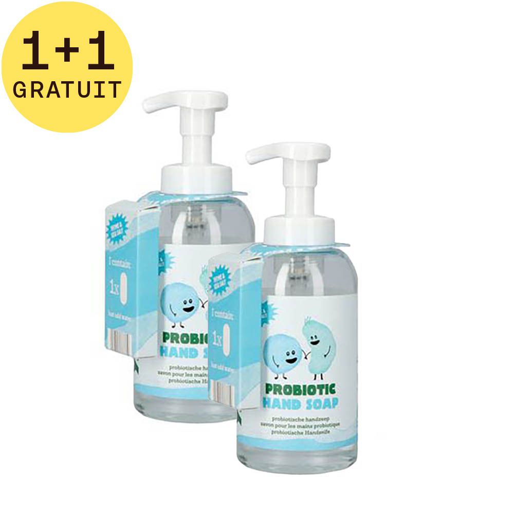 Deux distributeurs de savon transparents avec pompe blanche et étiquette. L'étiquette indique "Probiotic Hand Soap".