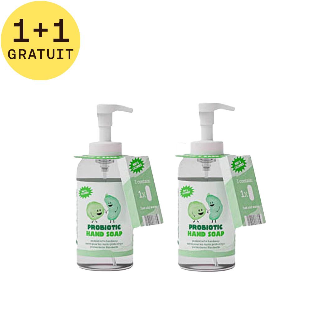 Deux distributeurs de savon avec pompe blanche. Autocollant avec illustrations et texte. Cercle 1+1 GRATUIT. Nom du produit: Probiotic Hand Soap.
