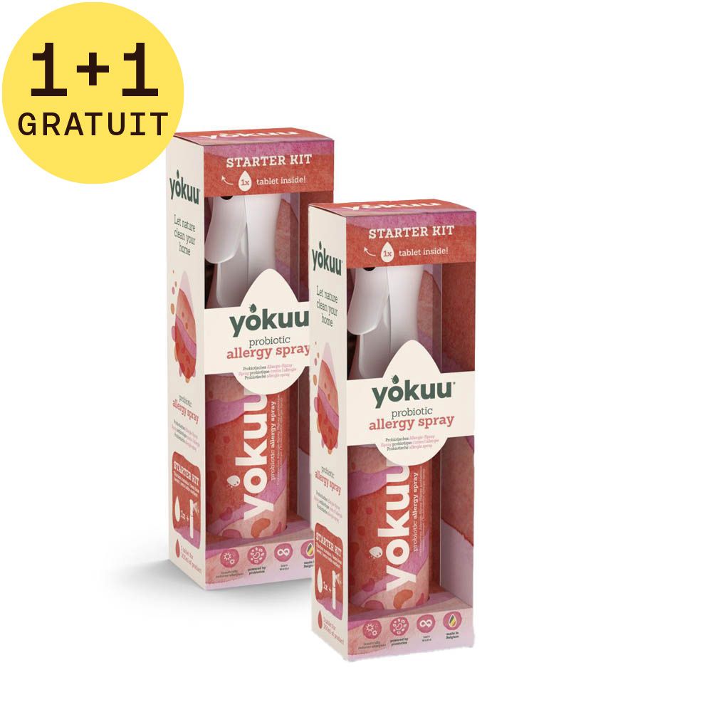 Deux boîtes de YOKUU Probiotique Spray Anti-allergie Starter Kit avec autocollant '1+1 GRATUIT'. Couleurs rose et blanc.