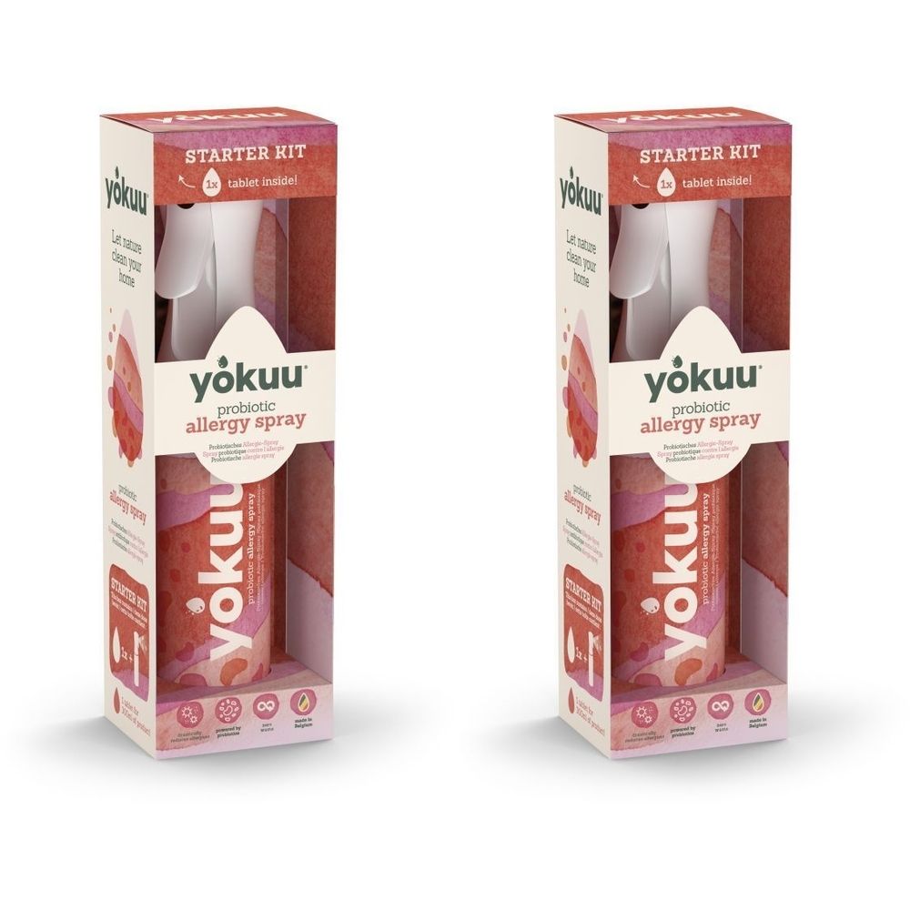 Deux boîtes de YOKUU Probiotique Spray Anti-allergie Starter Kit. Chaque boîte contient un flacon pulvérisateur. Couleurs rose et blanc.
