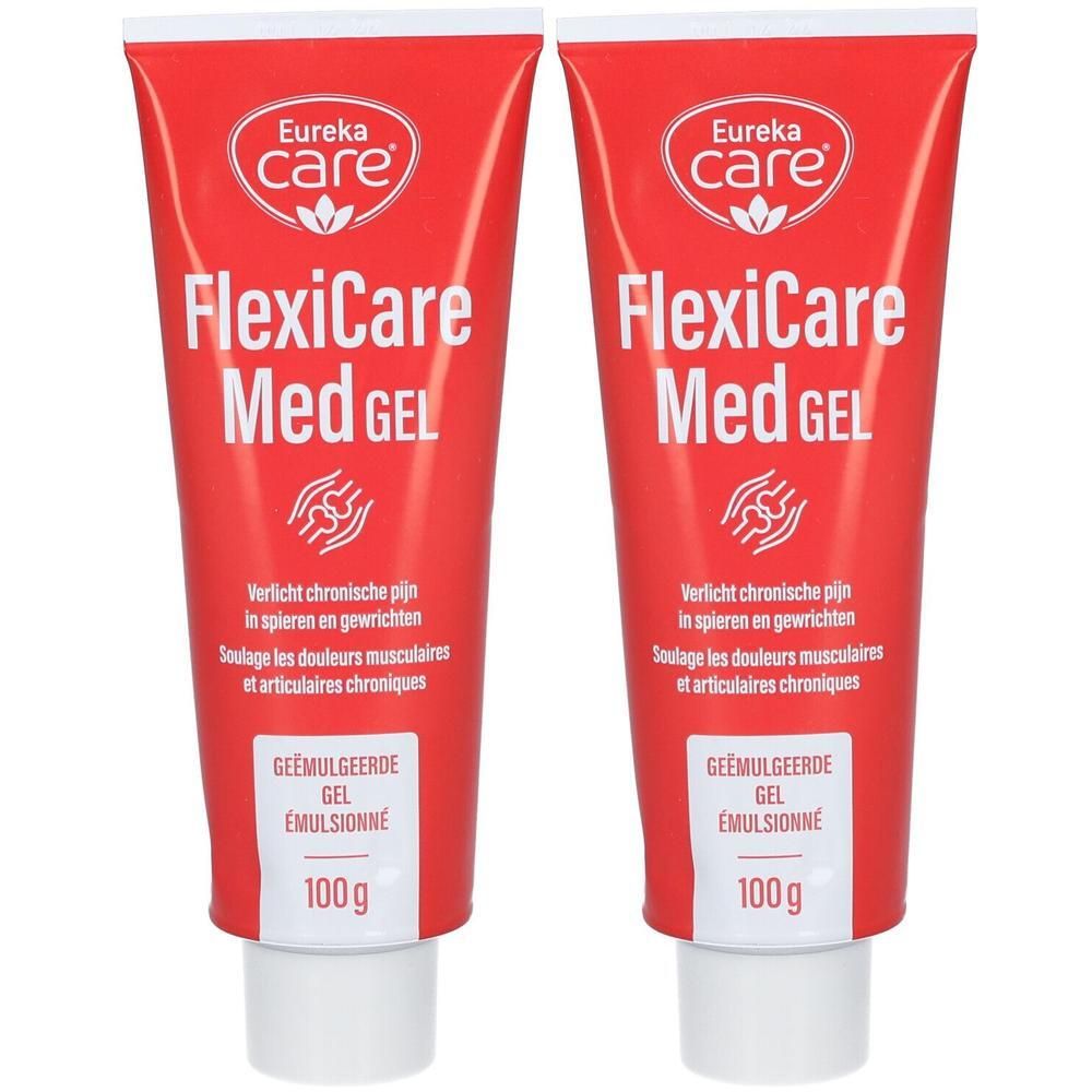 Deux tubes de gel Eureka Care FlexiCare Med. Tubes rouges avec texte blanc. Texte: FlexiCare Med Gel, 100g. Logo: Eureka Care.