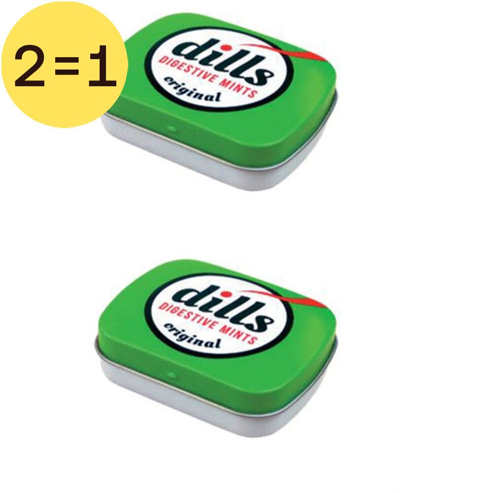 Deux boîtes vertes de Dills Digestive Mints avec logo blanc et accent rouge. Inscription "2=1".