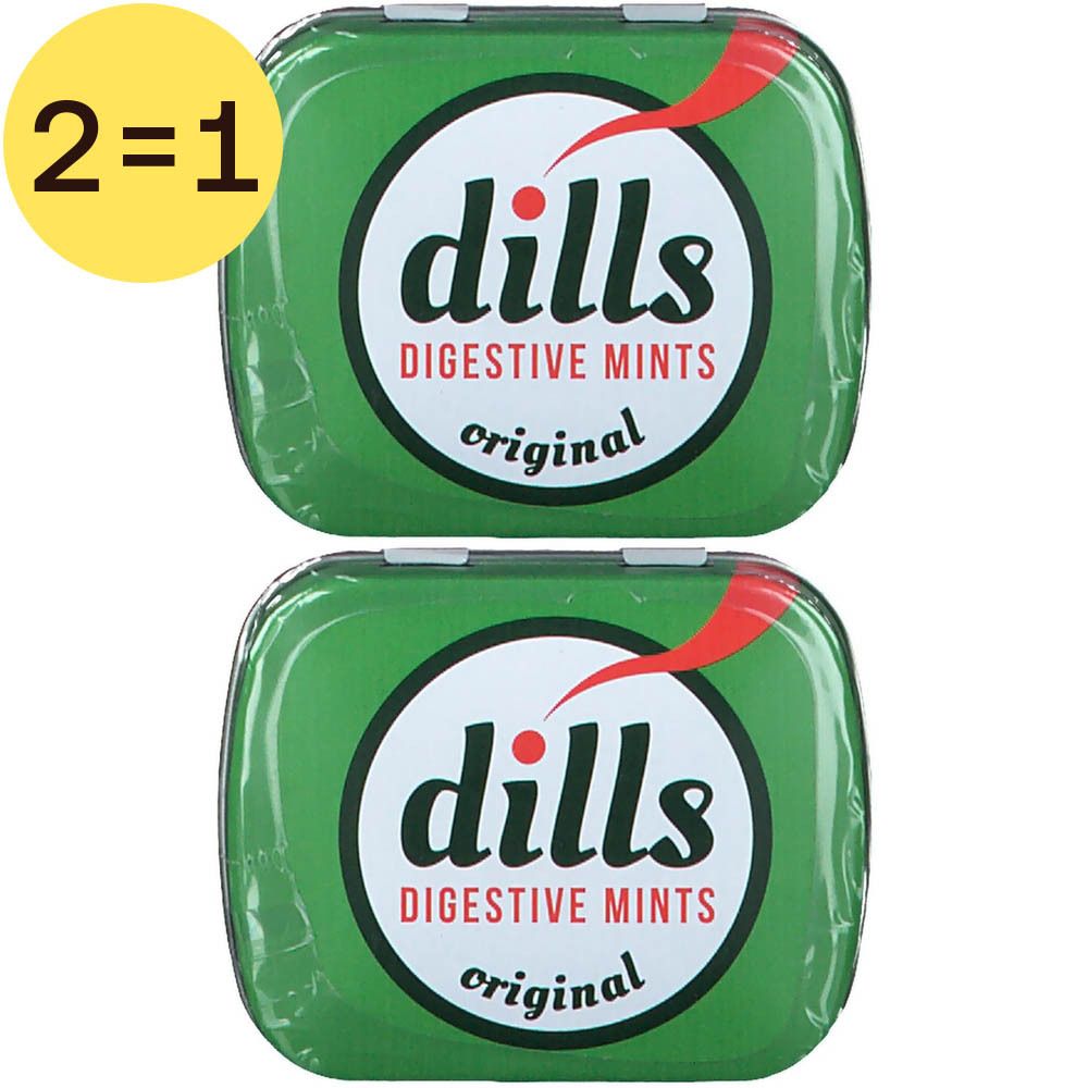 Deux boîtes vertes de Dills Digestive Mints avec logo blanc et accent rouge. Inscription "2=1".