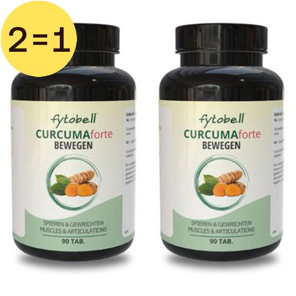 Deux flacons de Fytobell Curcuma Forte. Bouchons noirs, étiquettes vertes avec nom du produit, image de curcuma et feuilles. Autocollant 2=1.