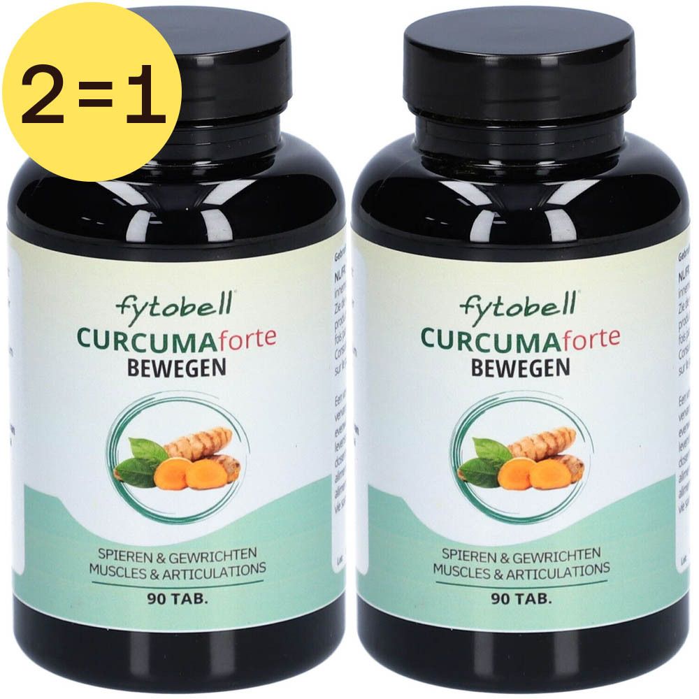 Deux flacons de Fytobell Curcuma Forte. Bouchons noirs, étiquettes vertes avec nom du produit, image de curcuma et feuilles. Autocollant 2=1.