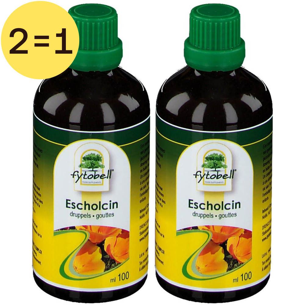 Deux flacons avec bouchons verts et étiquettes. Inscription : Fytobell Escholcin, 2=1. Étiquette jaune avec texte.