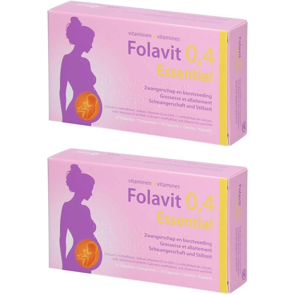 Deux boîtes roses avec impression du produit. Impression : Folavit 0,4 Essential, grossesse et allaitement. Illustration d'une femme enceinte.