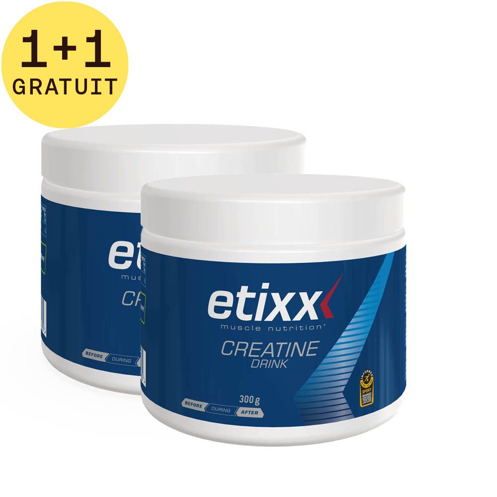 Deux boîtes blanches avec étiquette bleue. Inscription : Etixx Creatine Drink. 300g. Avec label de qualité. 1+1 Gratuit.