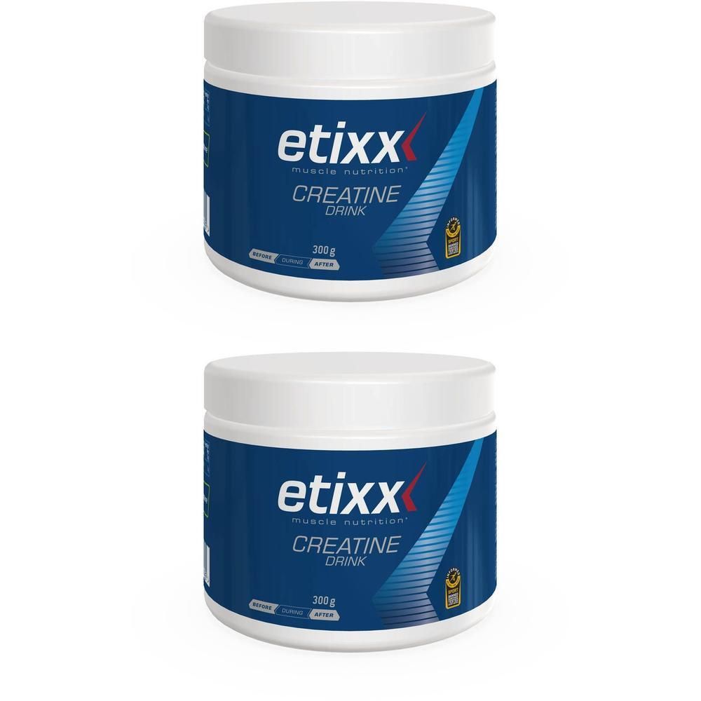 Deux boîtes blanches avec étiquette bleue. Inscription : Etixx Creatine Drink. 200g. Avec label de qualité.