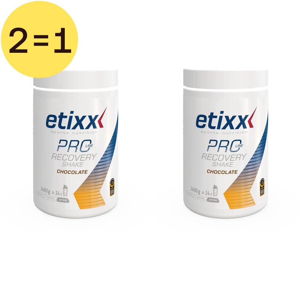 Deux boîtes de Etixx Pro Line Recovery Shake Chocolat. Récipients blancs avec graphiques bleus et jaunes. Inscription '2=1'.