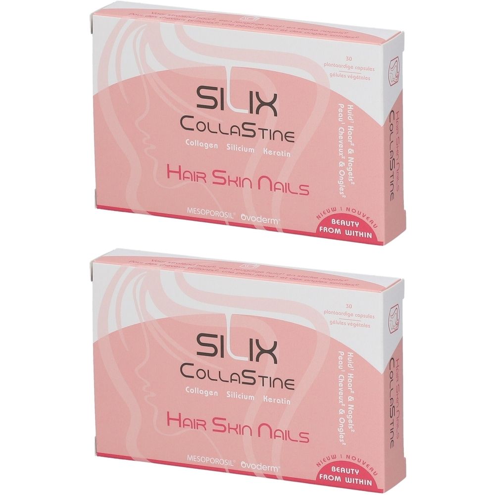 Deux boîtes roses avec impression du produit. Inscription : Silix Collastine, Collagène, Silicium, Kératine. Impression : Hair Skin Nails.