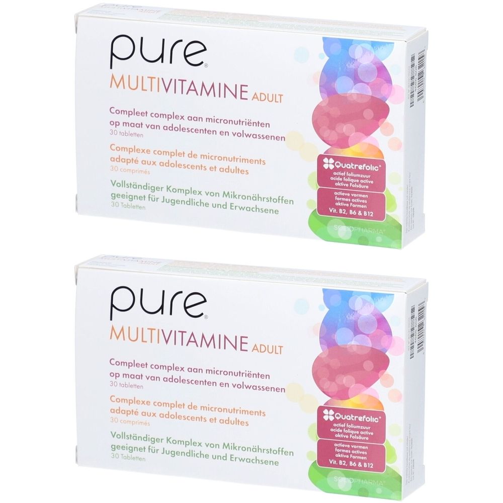 Deux boîtes blanches "pure MULTIVITAMINE ADULT". Texte en néerlandais, français et allemand. 30 comprimés.