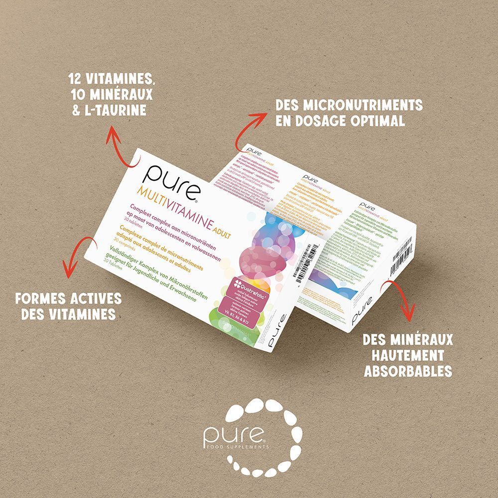 Deux paquets de pure Multivitamine Adult avec mises en évidence des ingrédients et avantages.