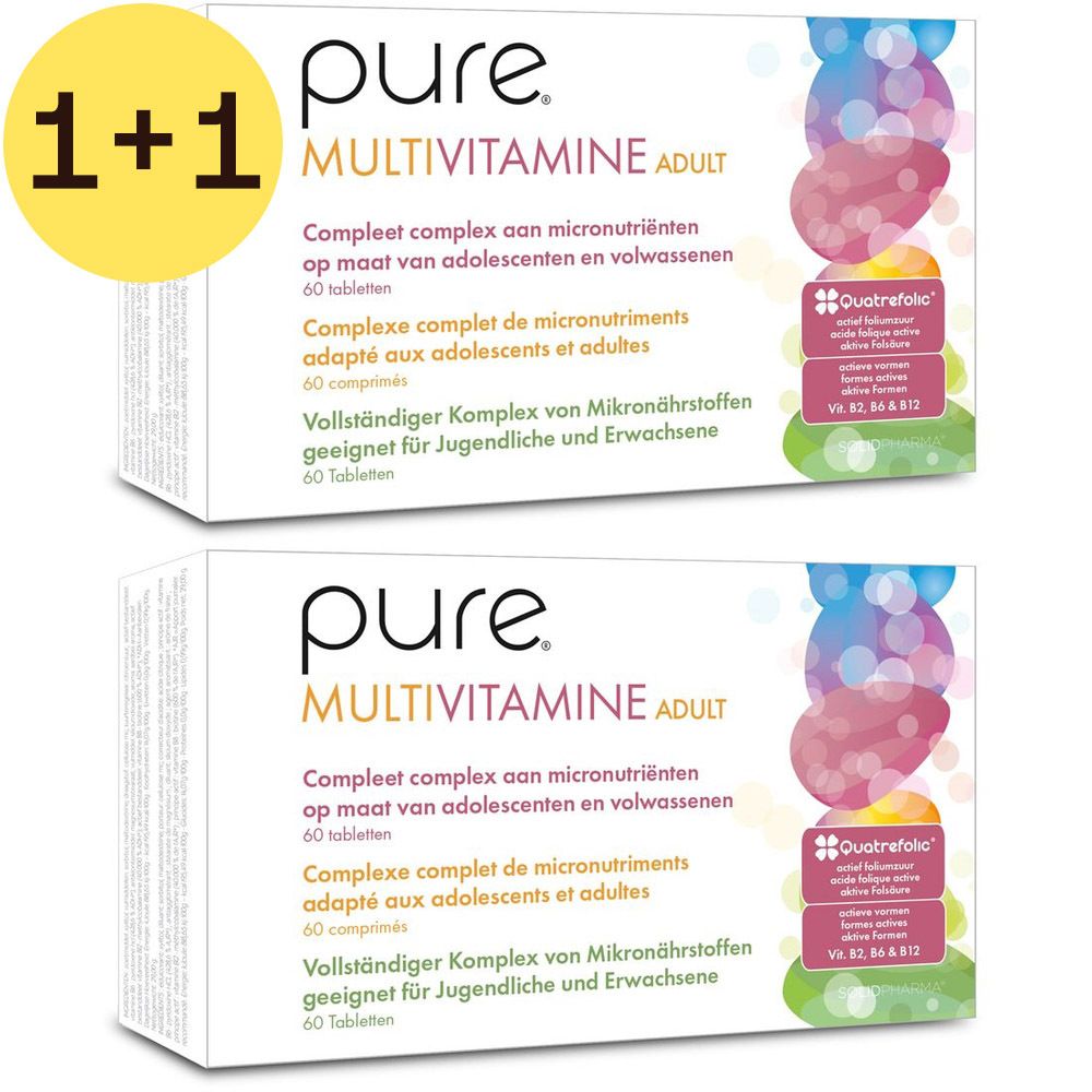 Deux boîtes blanches "pure Multivitamine Adult". Inscription "1+1". Textes multilingues. Logo "Quatrefolic".