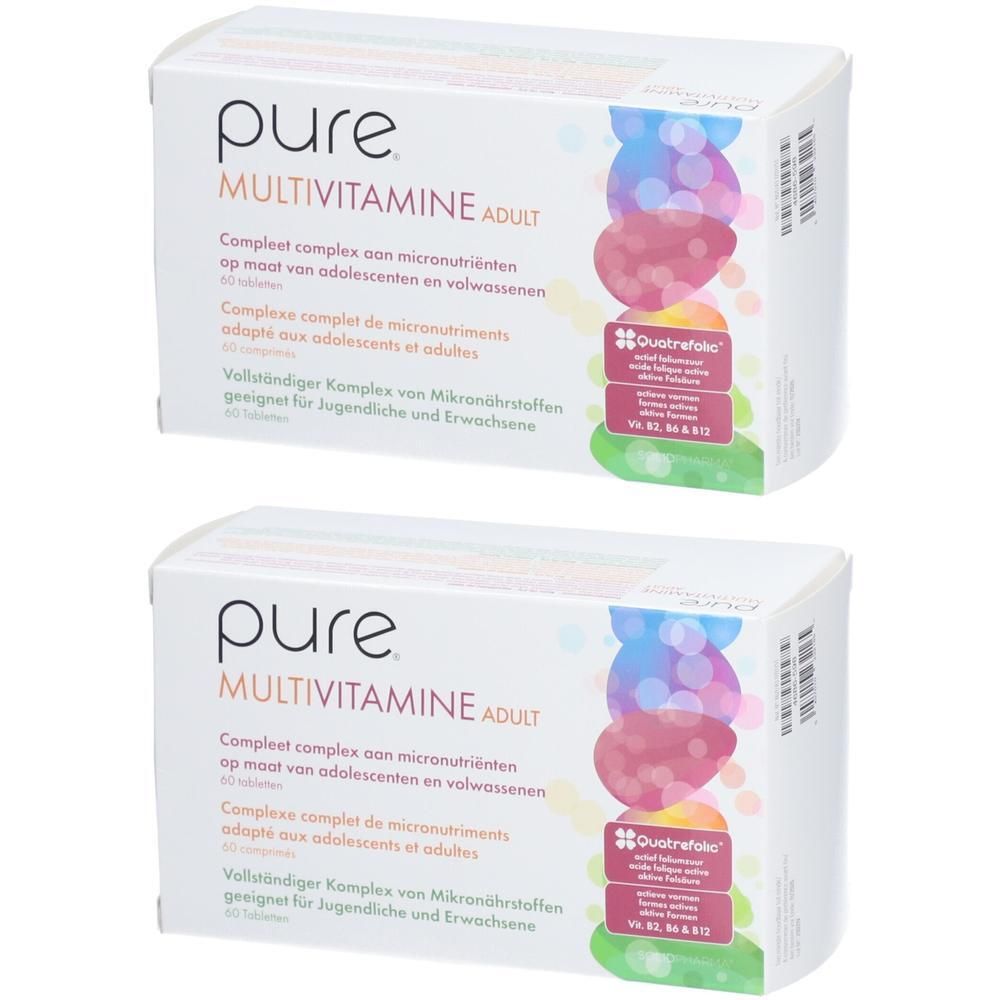 Deux boîtes de pure® Multivitamine Adult. Boîtes blanches avec nom du produit et graphiques colorés. 60 comprimés.