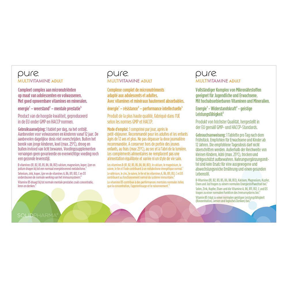 Une boîte de pure® Multivitamine Adult. Boîte blanche avec nom du produit et graphiques colorés. 60 comprimés.