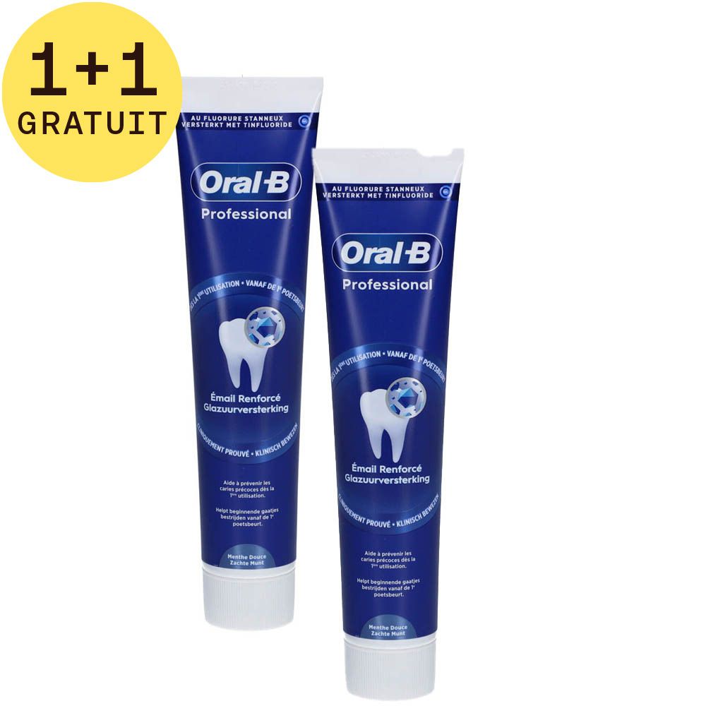 Deux tubes de dentifrice bleus avec texte blanc. Inscription: Oral-B Professional, Émail Renforcé. Symbole de dent. Autocollant 1+1 GRATUIT.