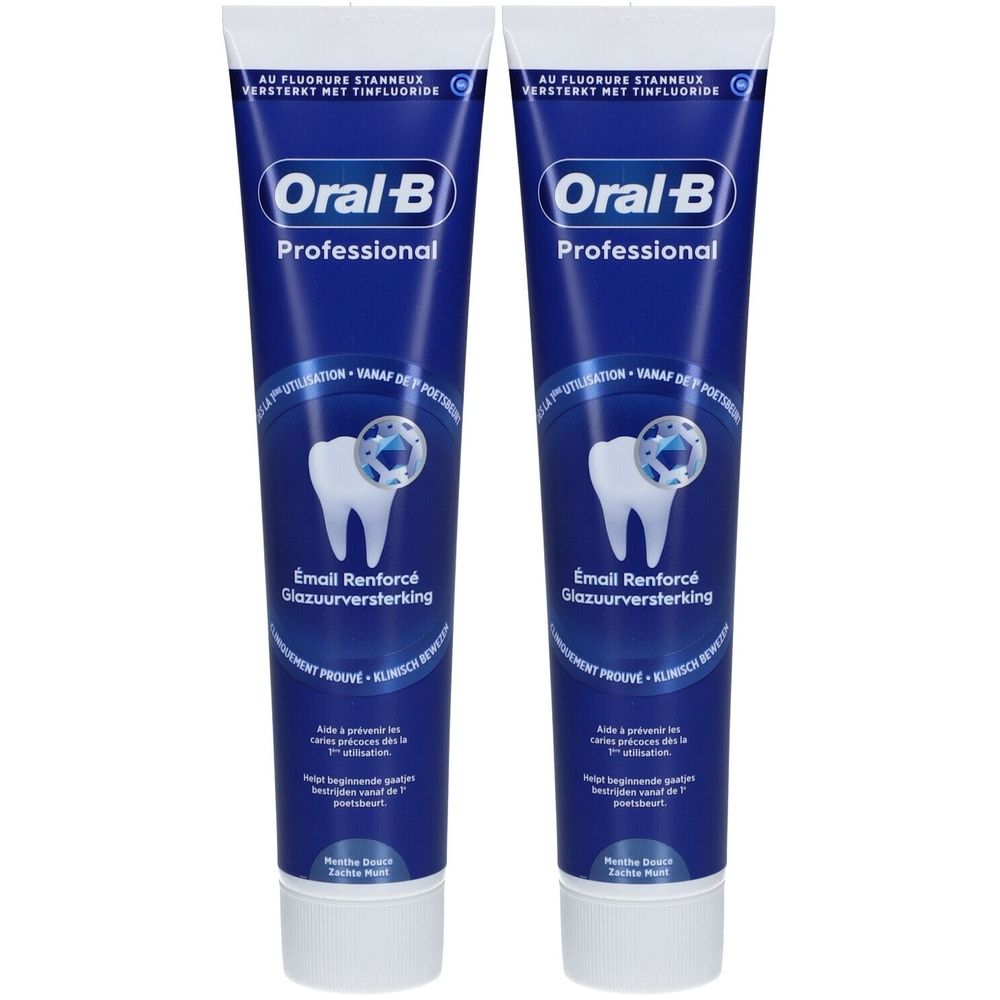 Deux tubes de dentifrice bleus avec texte blanc. Inscription: Oral-B Professional, Émail Renforcé. Symbole de dent. Emballage avec texte.
