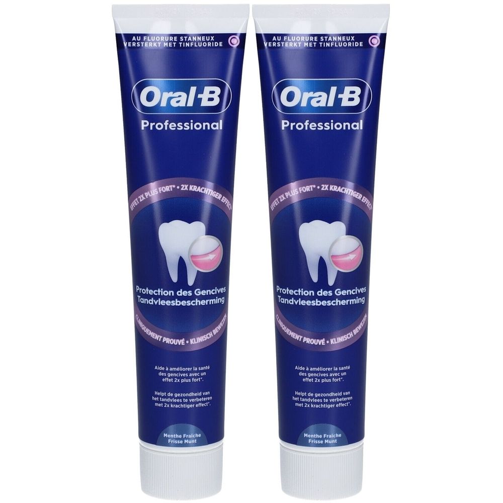 Deux tubes de dentifrice bleu et blanc. Inscription: Oral-B Professional, Protection des gencives. Cliniquement prouvé.