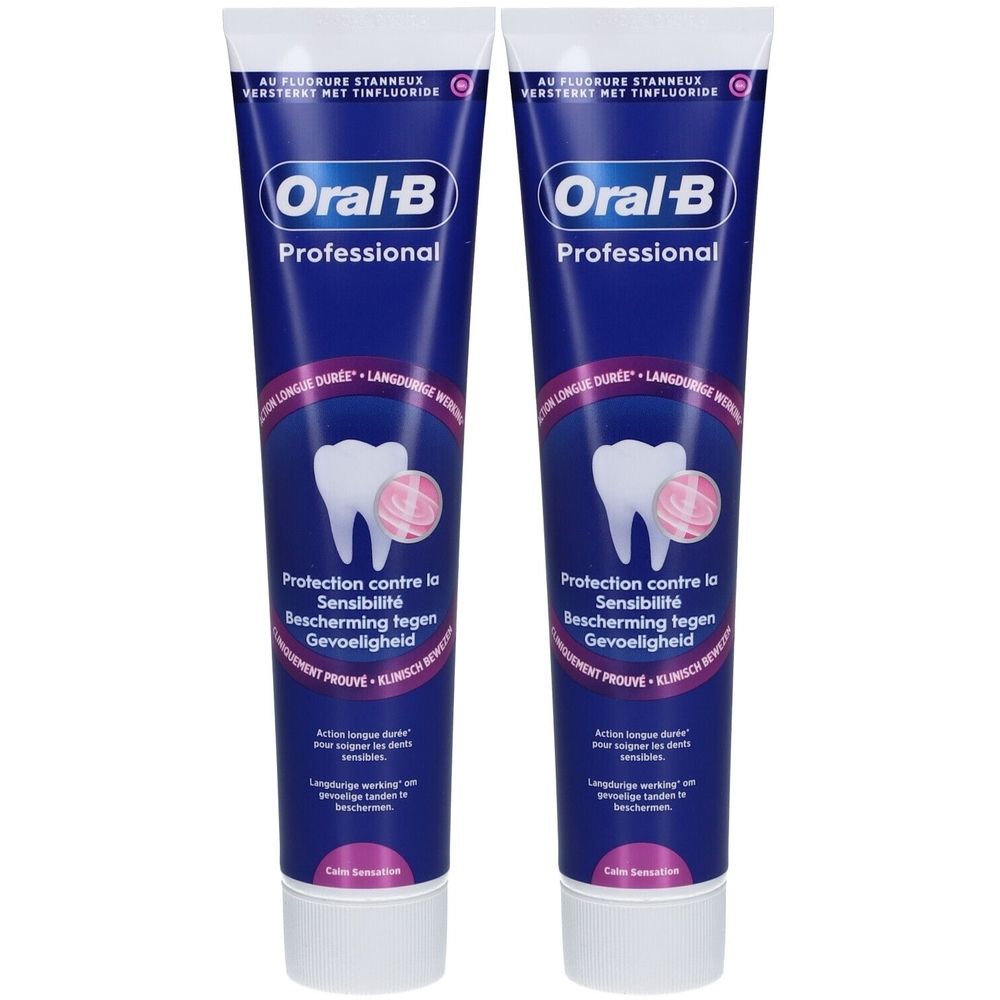 Deux tubes de dentifrice bleus avec texte blanc et logo. Inscription: Oral-B Professional, Protection contre la Sensibilité.