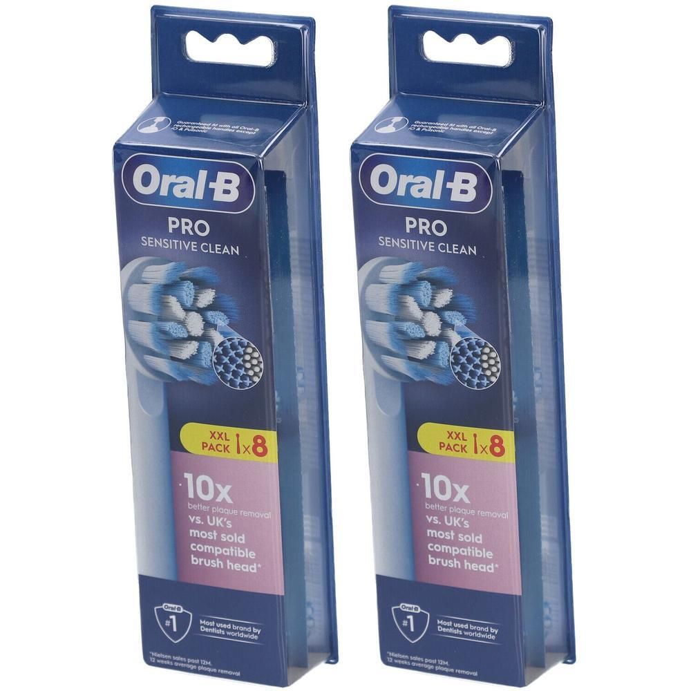 Deux paquets de brosses Oral-B Pro Sensitive Clean, 8 pièces chacune. Pack XXL.