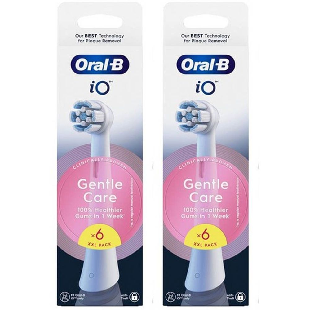 Deux paquets de têtes de brosse à dents. Inscription: Oral-B iO Gentle Care, 6 pièces, XXL Pack. Cercle rose avec texte.