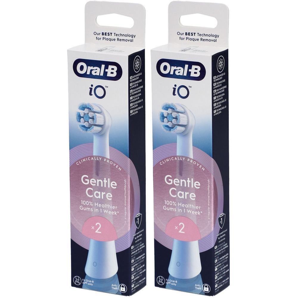 Deux têtes de brosse Oral-B iO dans leur emballage. Texte "Gentle Care" et "Clinically Proven". Têtes de brosse blanches avec soies bleues.