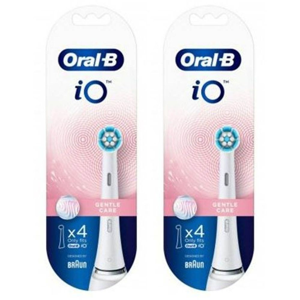 Deux têtes de brosse à dents Oral-B iO en emballage. Inscription: Gentle Care, 100% des gencives plus saines en 1 semaine. Contient 4 pièces.