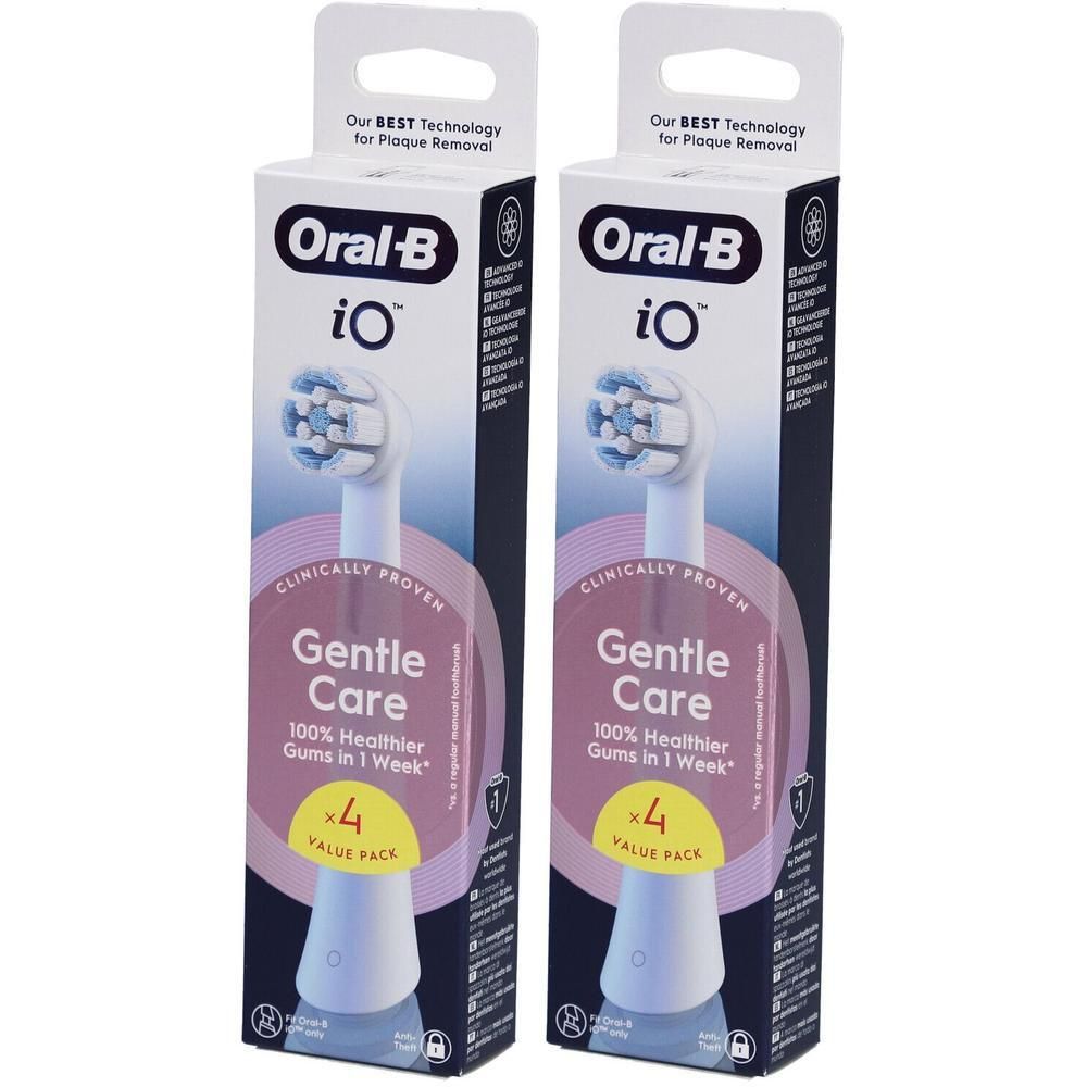 Deux têtes de brosse à dents Oral-B iO en emballage. Inscription: Gentle Care, 100% des gencives plus saines en 1 semaine. Contient 4 pièces.