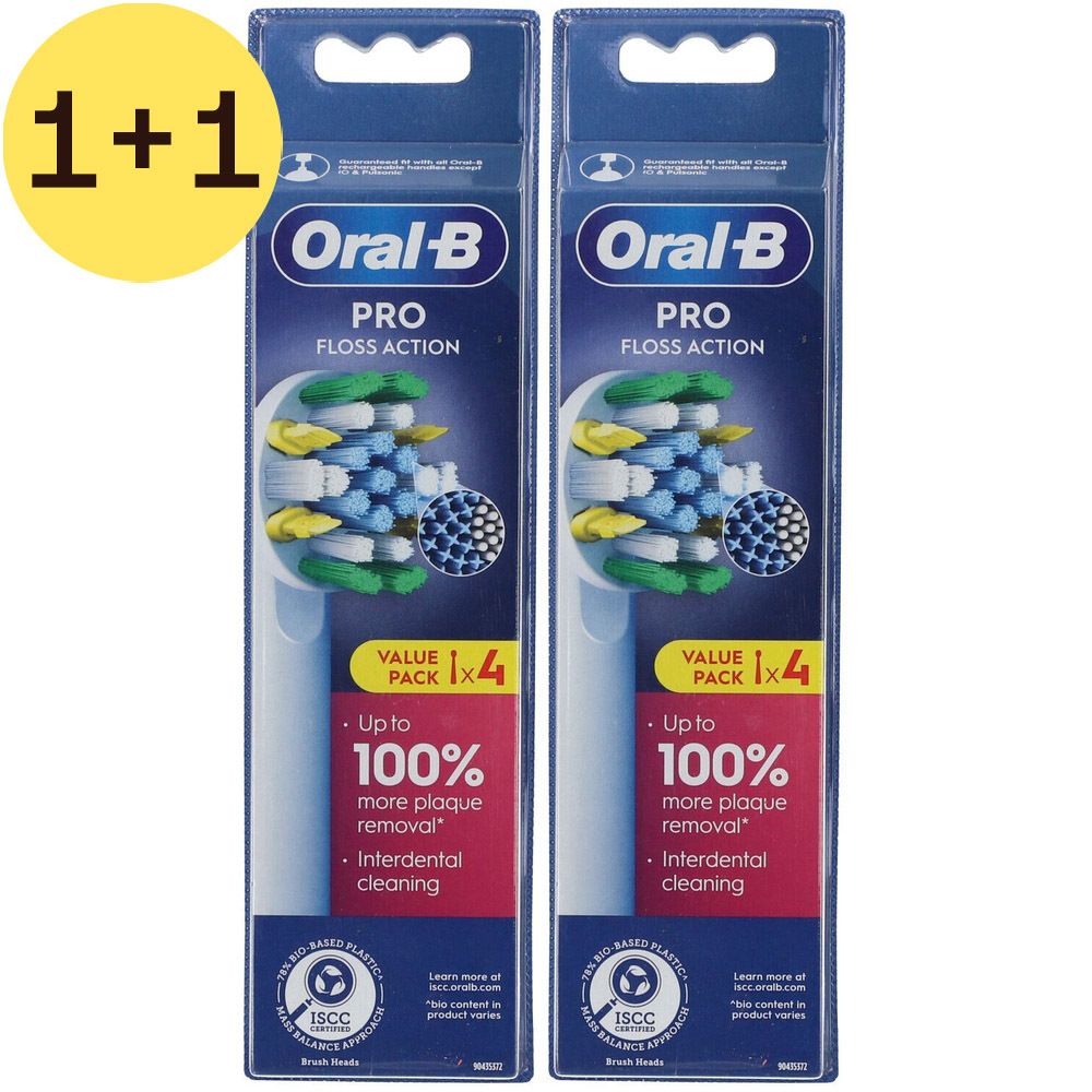 Deux paquets de têtes de brosse Oral-B Pro Floss Action. Chaque paquet contient 4 têtes. Visible : nom de la marque, nom du produit et caractéristiques.
