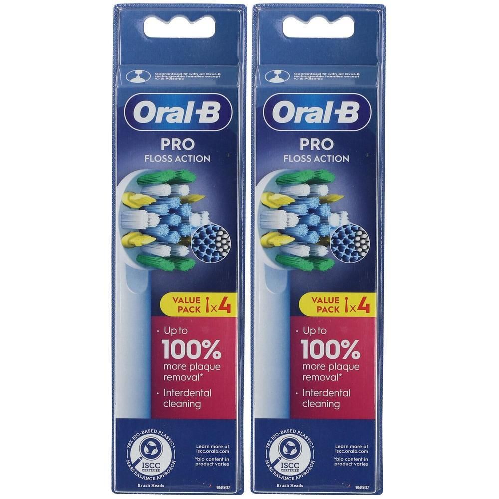 Deux paquets de brossettes Oral-B Pro Floss Action. Chaque paquet contient 4 têtes de brosse pour jusqu'à 100% de plaque en plus.
