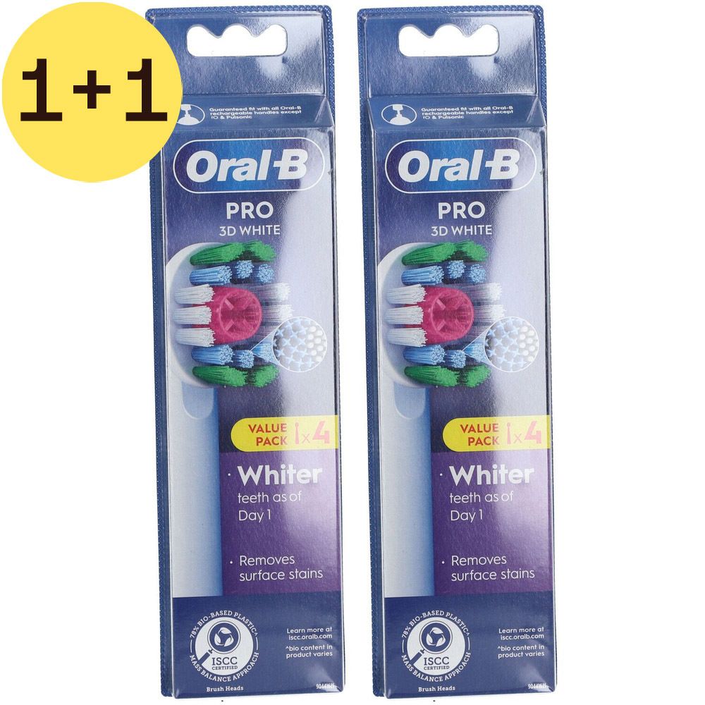 Deux paquets de têtes de brosse ORAL-B Pro 3D White. Emballage bleu avec image du produit et texte. Certification ISCC.