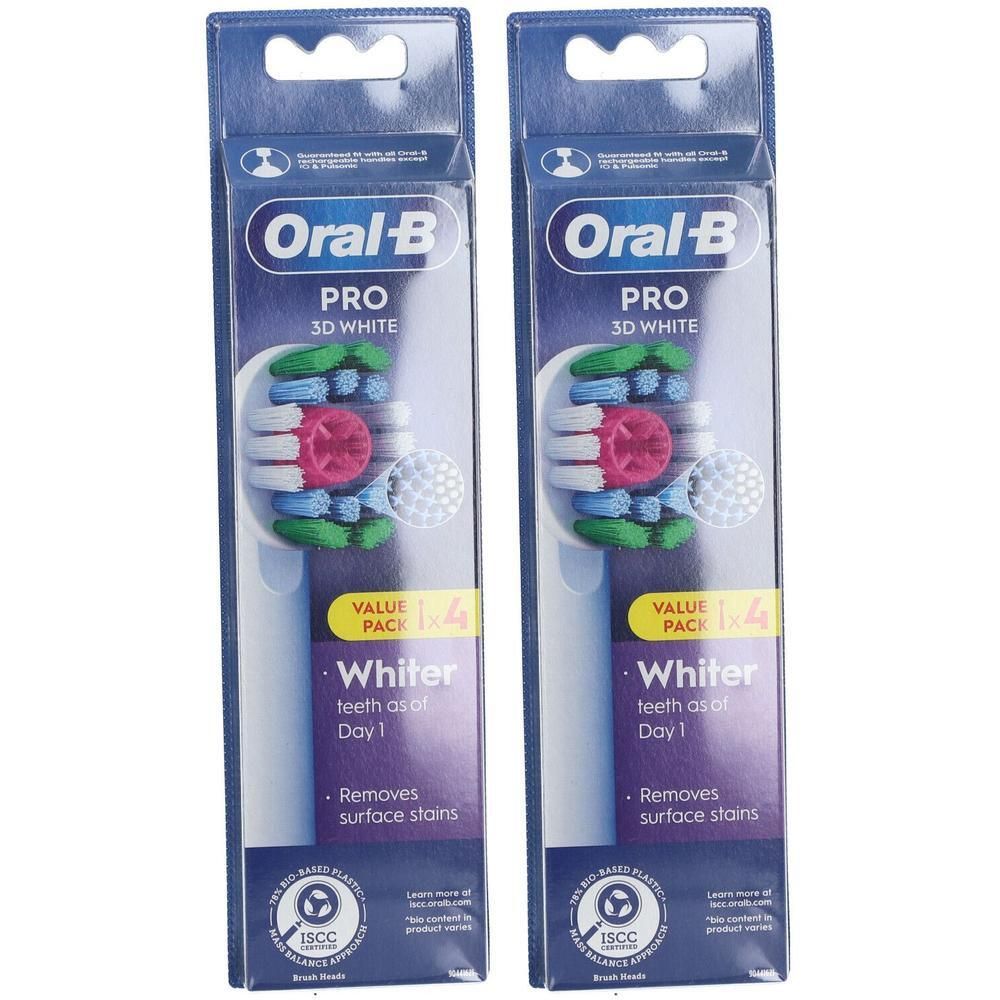 Deux paquets de brossettes de rechange Oral-B Pro 3D White. Soies blanches et colorées pour le nettoyage de surface.