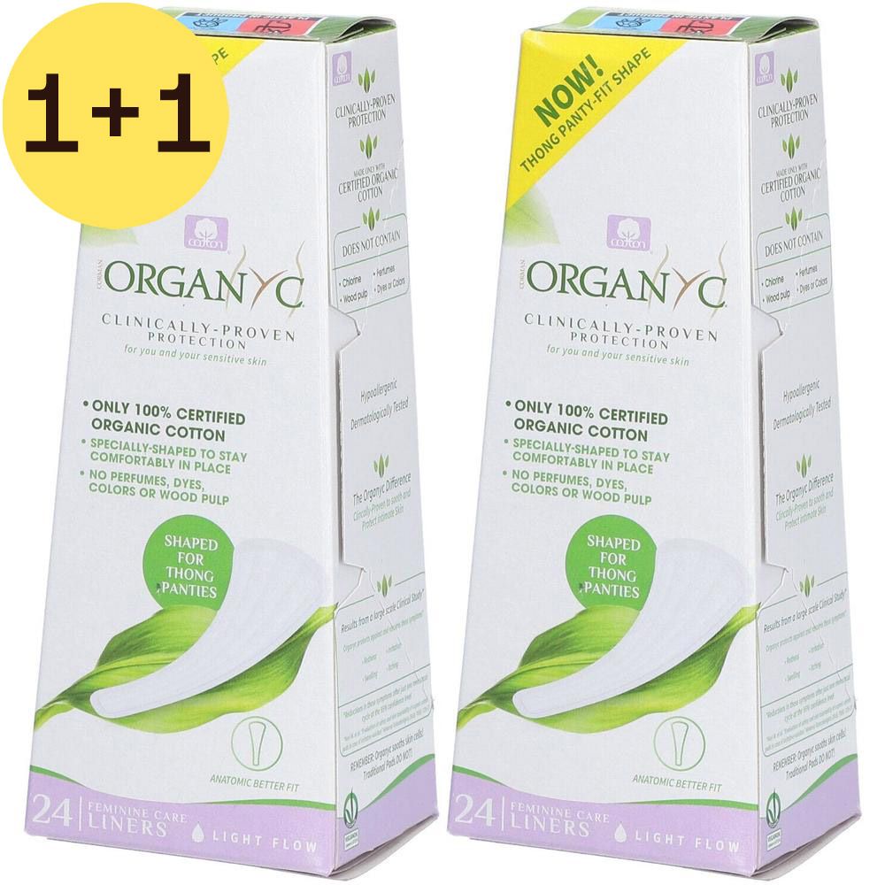 Deux boîtes Organyc. Inscription : 100% coton bio, pour tangas. 24 protège-slips. Protection cliniquement prouvée.