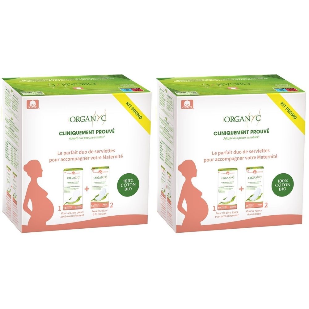 Deux boîtes Organyc. Inscription: Cliniquement Prouvé, 100% coton bio. Étiquette Kit Promo.