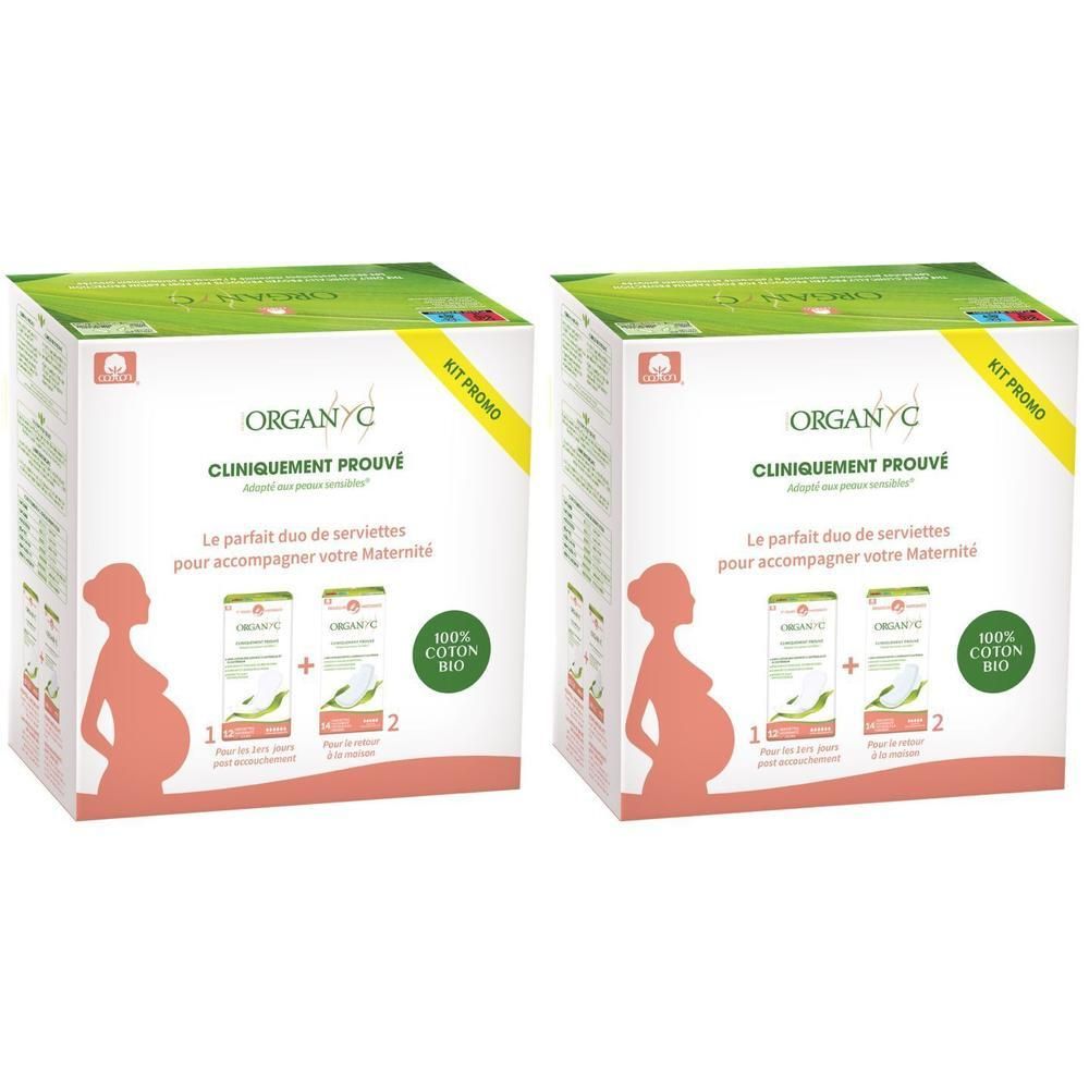 Deux boîtes Organyc. Inscription: Cliniquement Prouvé, 100% coton bio. Étiquette Kit Promo.