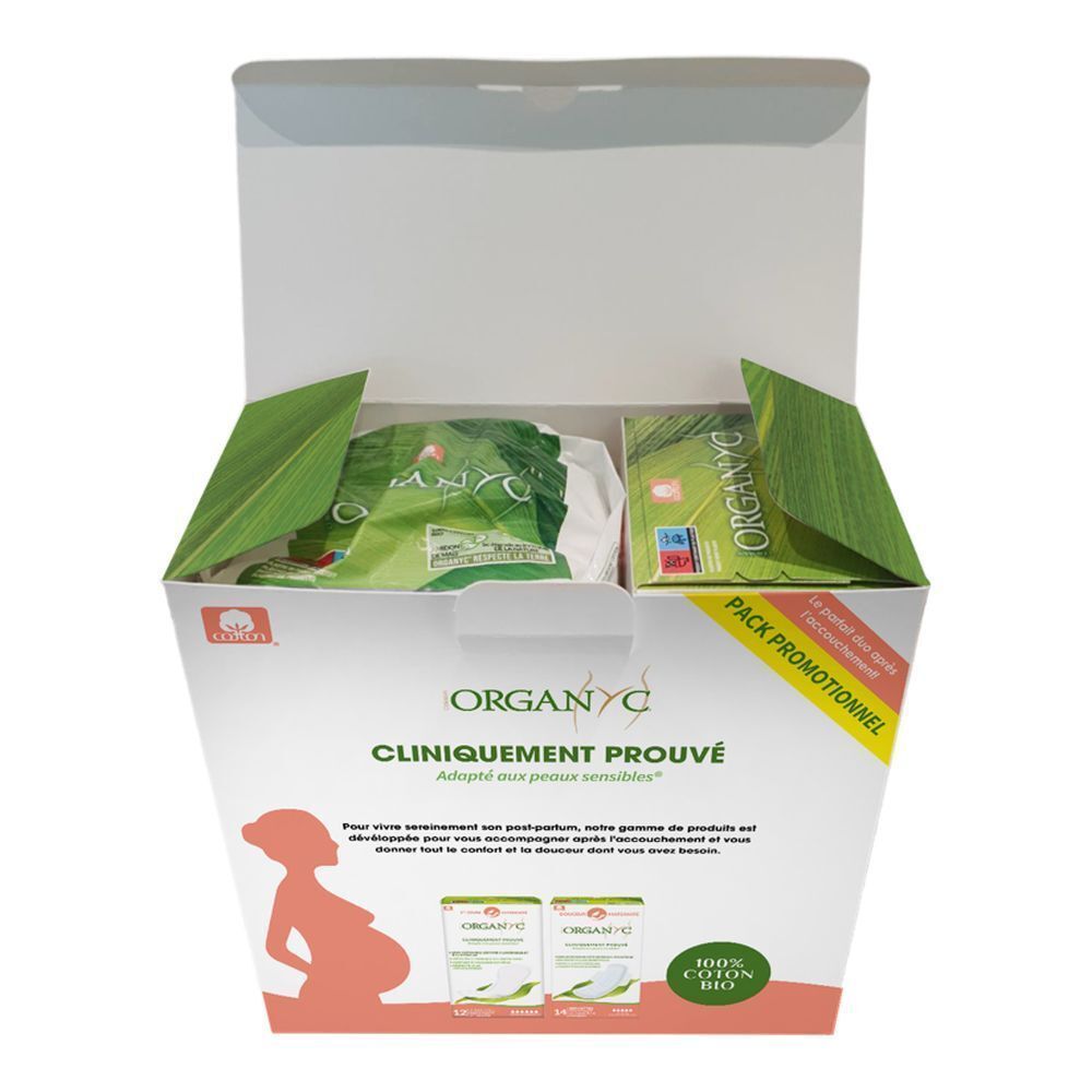 Boîte Organyc ouverte. Produits et emballages intérieurs visibles. Inscription: Cliniquement Prouvé.