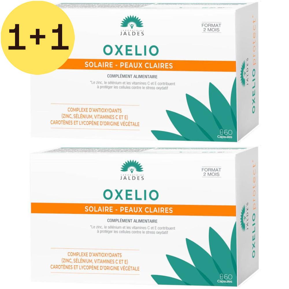 Deux boîtes Oxelio Solaire, texte et logo. Inscription '2=1'.
