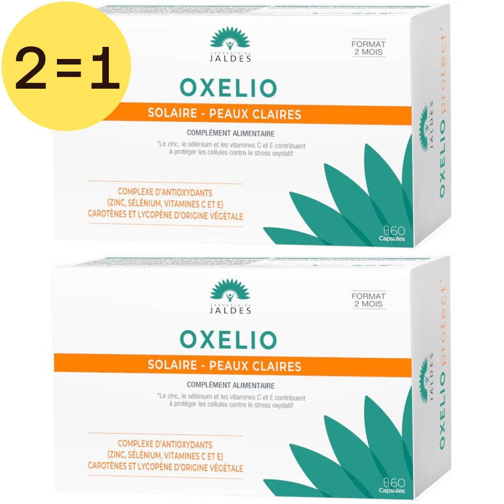 Deux boîtes Oxelio Solaire, texte et logo. Inscription '2=1'.
