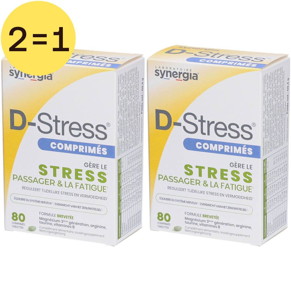 Deux boîtes de comprimés D-Stress. Design jaune et blanc avec nom et texte du produit. Autocollant 2=1.