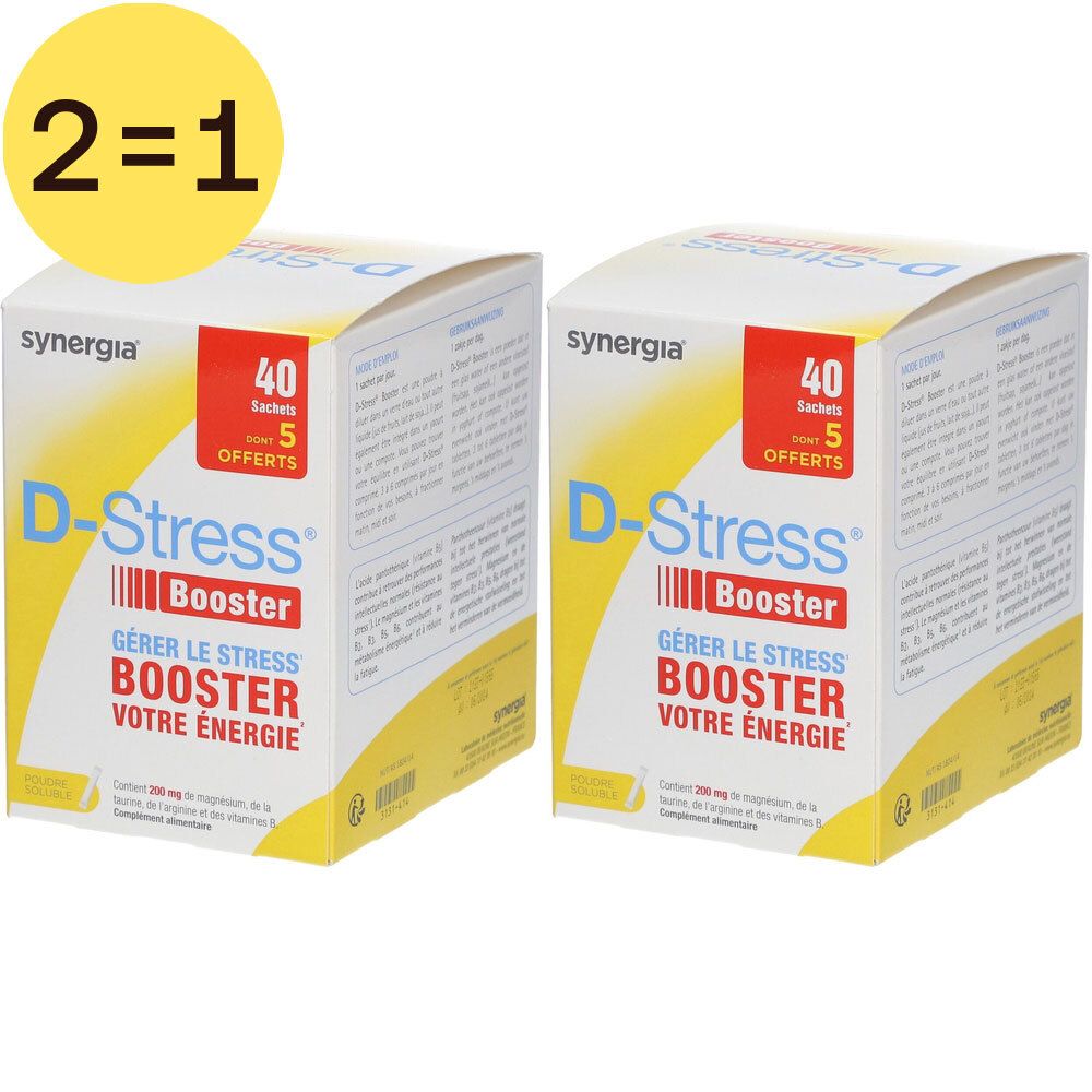 Deux boîtes de D-Stress Booster. Emballage jaune et blanc avec texte. En haut à gauche : logo 2=1.